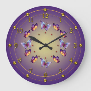 Butterflies on Graduated Purple with Yellow Large Clock