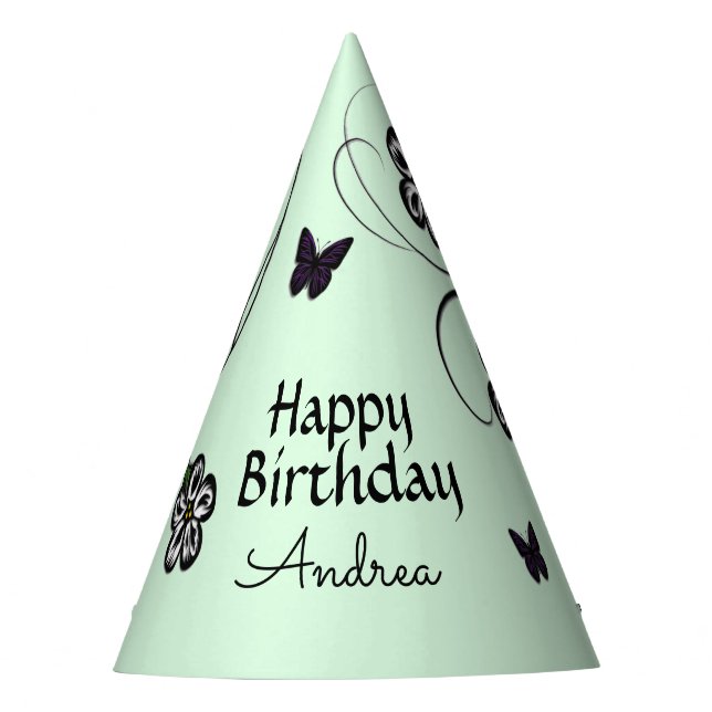 Butterflies on Green Flowers Birthday w/ Name Party Hat (Front)