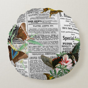 Butterflies On Newspaper Round Cushion