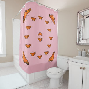 Butterflies on pink shower curtain