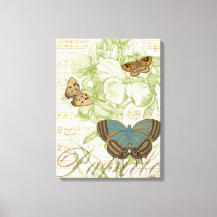 Butterflies on Sheet Music with Floral Design Canvas Print