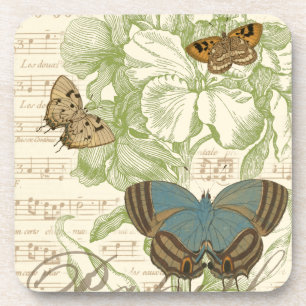 Butterflies on Sheet Music with Floral Design Coaster