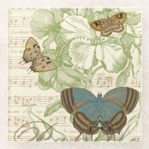 Butterflies on Sheet Music with Floral Design Glass Coaster