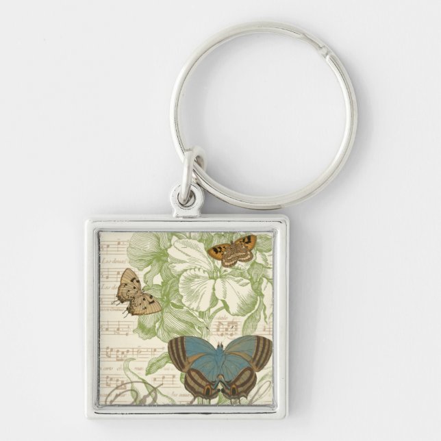 Butterflies on Sheet Music with Floral Design Key Ring (Front)
