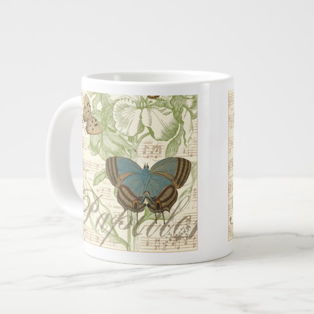 Butterflies on Sheet Music with Floral Design Large Coffee Mug (Front Left)