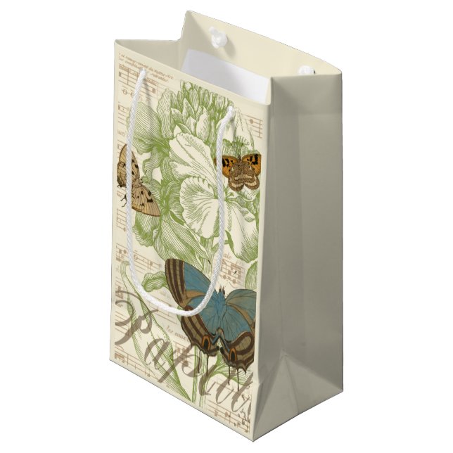 Butterflies on Sheet Music with Floral Design Small Gift Bag (Front Angled)