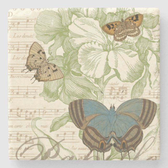 Butterflies on Sheet Music with Floral Design Stone Coaster (Front)