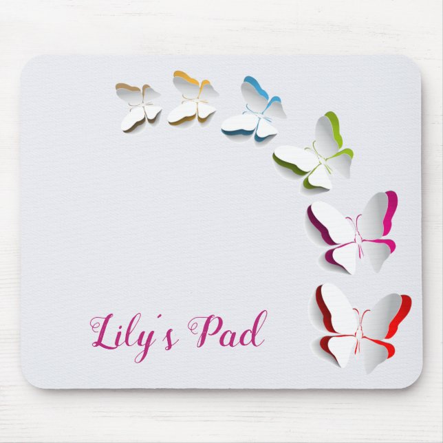 Butterflies on White with Name Mouse Pad (Front)