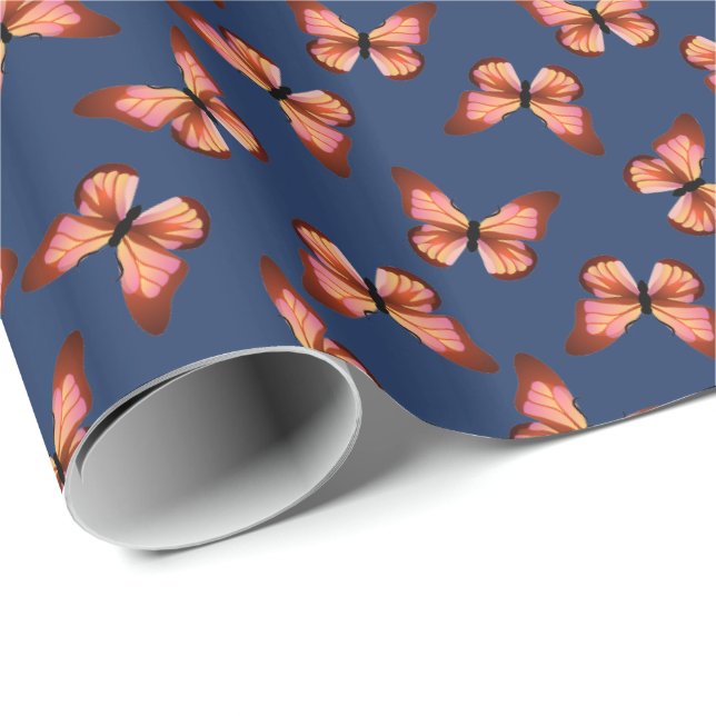 Butterflies Orange Pink Black Pattern Wrapping Paper (Roll Corner)