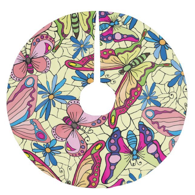 Butterflies Over Flowers Meadow View Brushed Polyester Tree Skirt (Front)