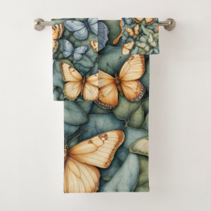 Butterflies Pattern Blue Green Yellow Shades  Bath Towel Set