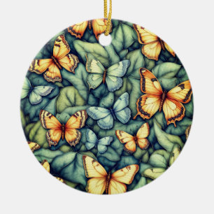 Butterflies Pattern Blue Green Yellow Shades  Ceramic Ornament