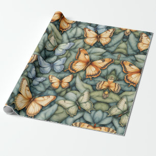Butterflies Pattern Blue Green Yellow Shades  Wrapping Paper
