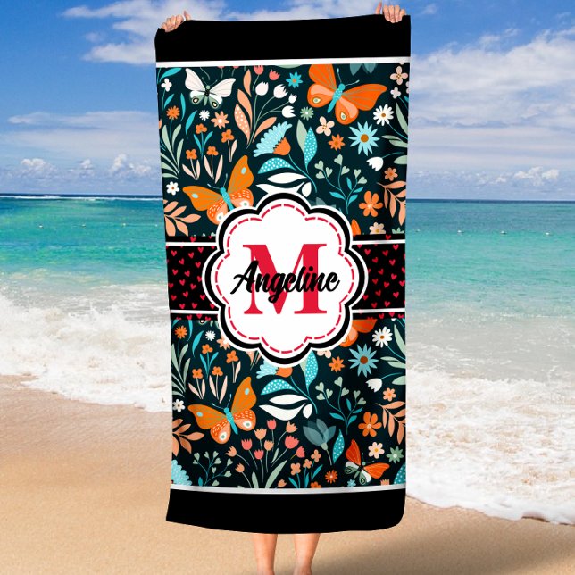 Butterflies Pattern Custom Name Monogram Beach Towel (Creator Uploaded)