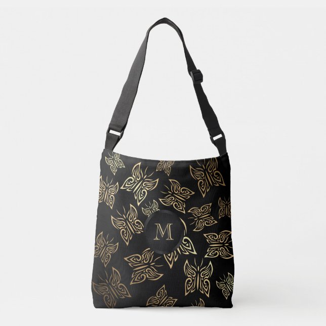 Butterflies Pattern Gold Black Crossbody Bag (Front)