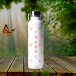 Butterflies peach rose gold name water bottle<br><div class="desc">White background decorated with pink and rose gold butterflies.  Personalise and add your name.  Peach coloured letters.</div>