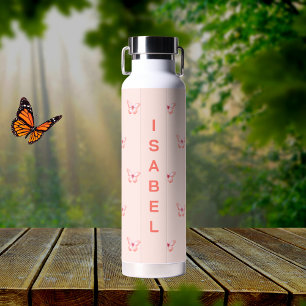 Butterflies peach rose gold name water bottle