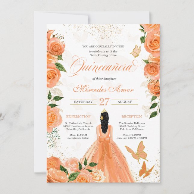 Butterflies & Peach Roses Quinceanera Invitation (Front)