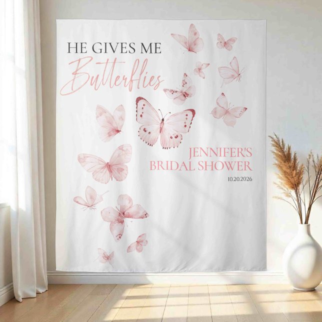 Butterflies Pink Blush Bridal Shower Backdrops Tapestry (Creator Uploaded)