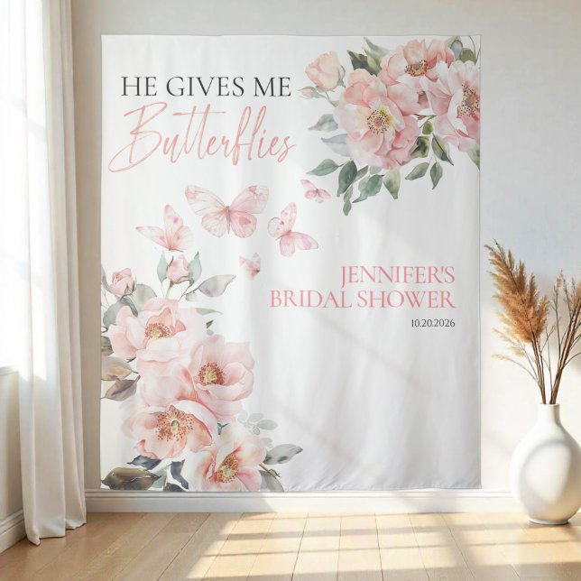 Butterflies Pink Blush Bridal Shower Backdrops Tapestry (Creator Uploaded)
