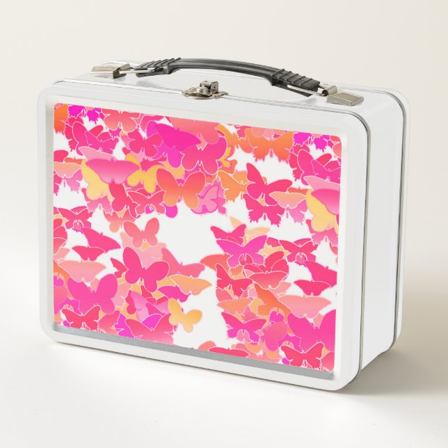 Butterflies, pink, fuchsia and coral metal lunch box (Front)