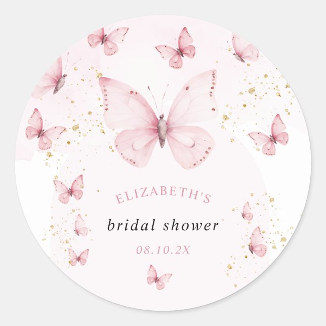 Butterflies Pink Gold Bridal Shower  Classic Round Sticker (Front)
