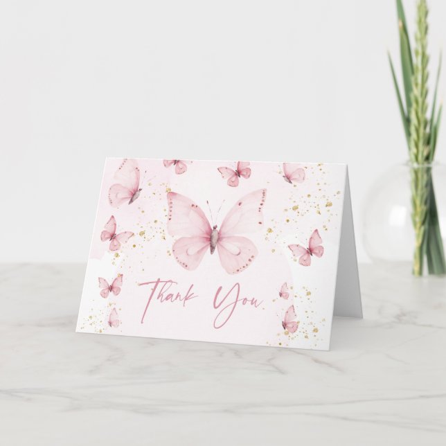Butterflies Pink Gold Bridal Shower  Thank You Card (Front)
