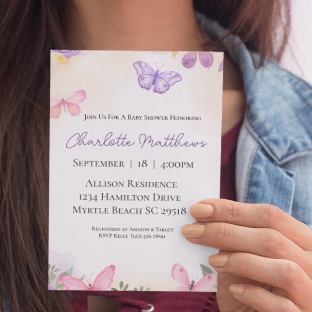 Butterflies Pink Purple Girls Baby Shower Invitation (Creator Uploaded)