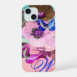 BUTTERFLIES,PINK TEAL ROSES AND ANEMONE FLOWERS iPhone 15 CASE