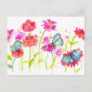 Butterflies Pink Watercolor Wildflowers Postcard