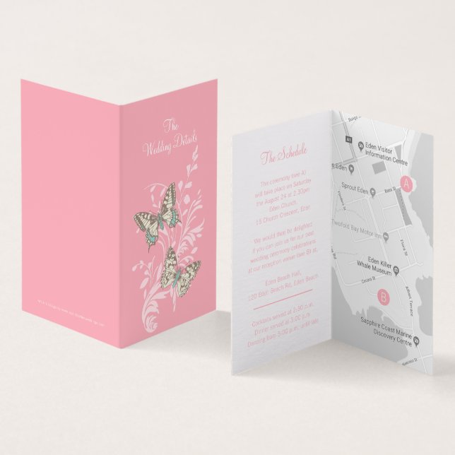 Butterflies pink wedding details schedule map (Inside and Outside)