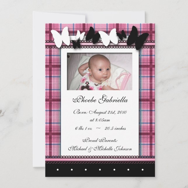 Butterflies & Plaid Birth Announcements (Front)