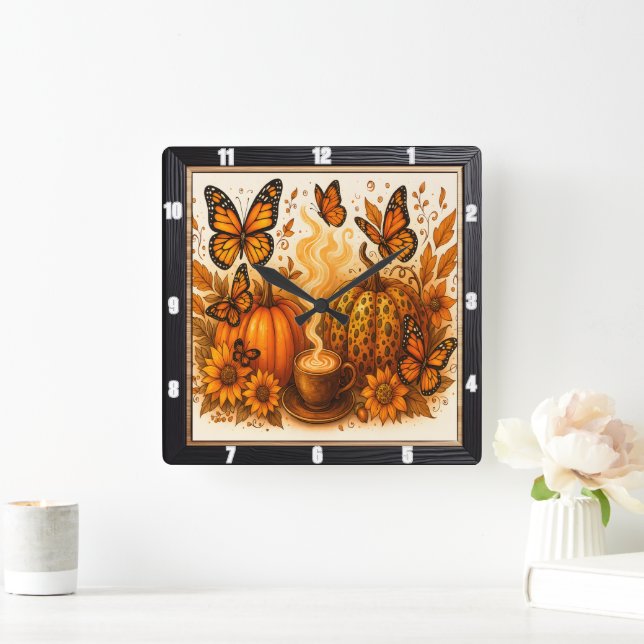 Butterflies Pumpkin Coffee Autumn Square Wall Clock (Home)