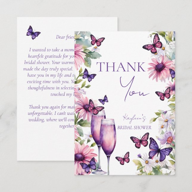Butterflies purple bridal shower thank you card (Front/Back)