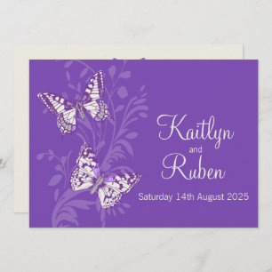 Butterflies purple white cream wedding invitation