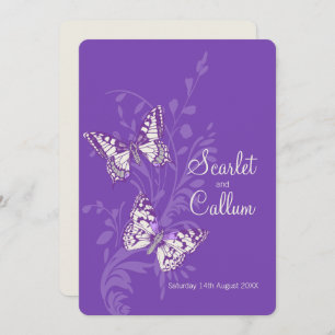 Butterflies purple white cream wedding invitations