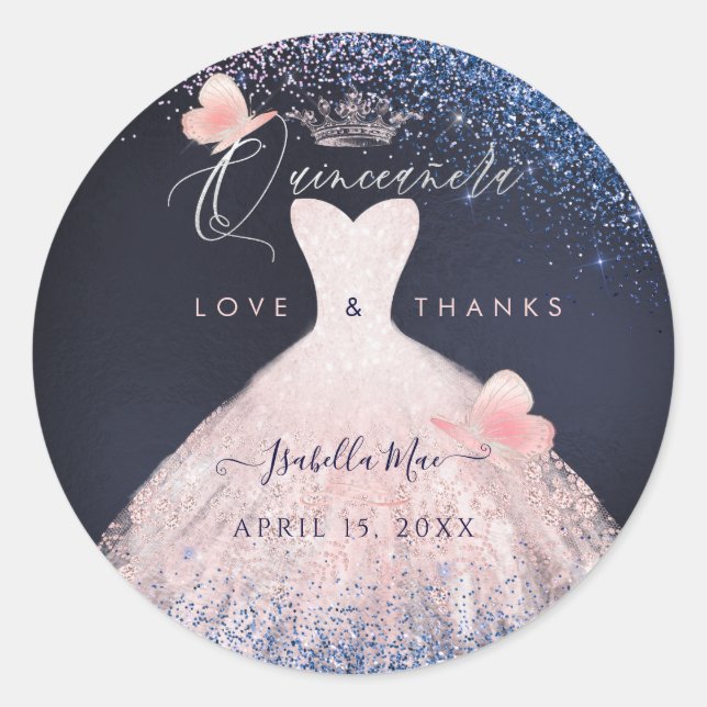 Butterflies Quinceanera Blush Glitter Gown Classic Round Sticker (Front)