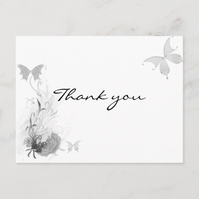 Butterflies Rose Flourish Black White Thank You Postcard (Front)