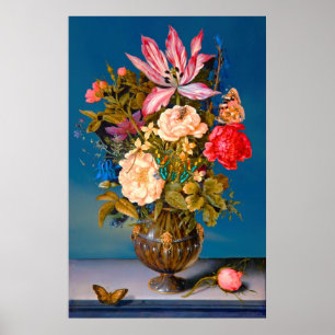 Butterflies roses vase table flower arrangement poster