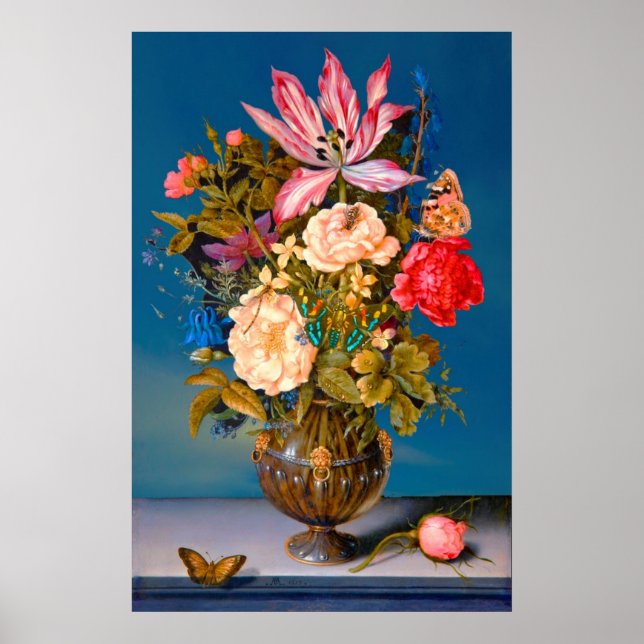 Butterflies roses vase table flower arrangement poster (Front)