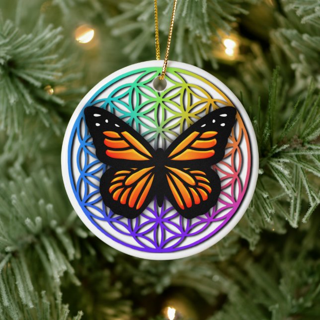 Butterflies sacred geometry flower of life     ceramic ornament (Tree)