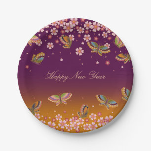 Butterflies Sakura Blossoms Gold Plum Personalised Paper Plate