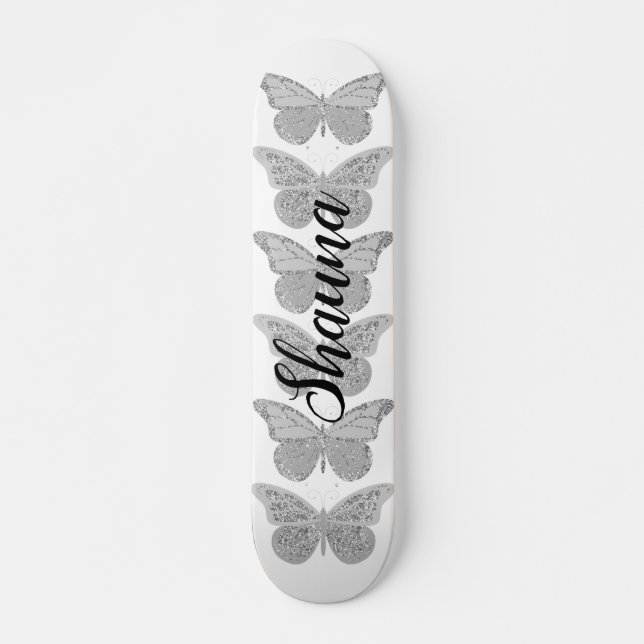 Butterflies Silver Grey Sparkle Personalised Skateboard (Front)