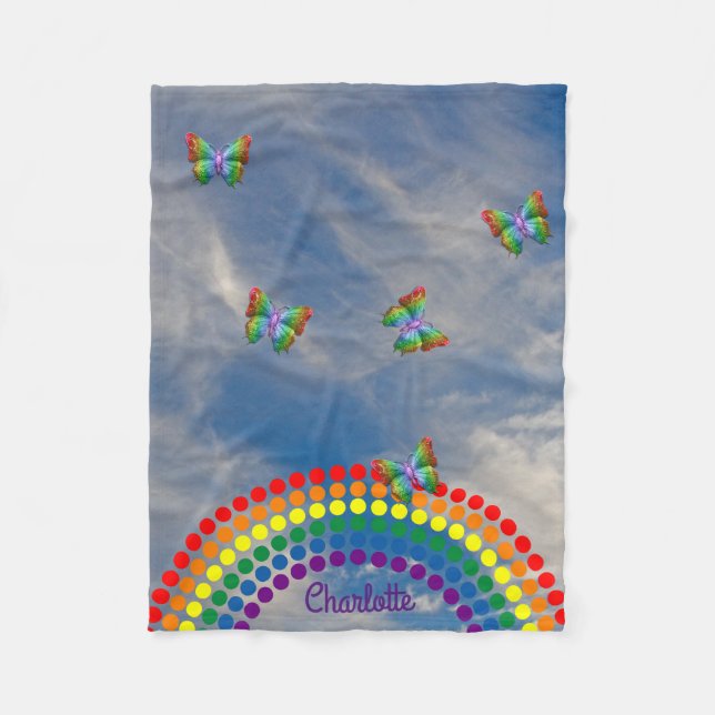 Butterflies Sky Rainbow | Personalised Name Fleece Blanket (Front)