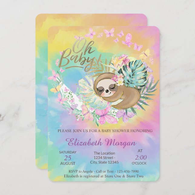  Butterflies,Sleeping Sloth Tie Dye Baby Shower   Invitation (Front/Back)