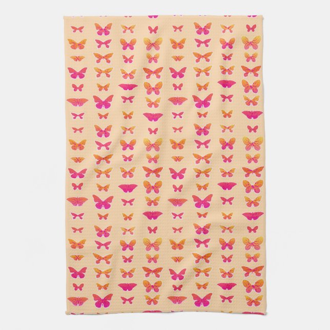 Butterflies, soft orange, coral pink, gold tea towel (Vertical)