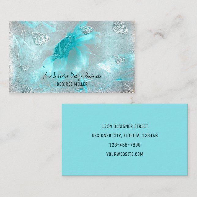 Butterflies Sunflower Teal Sliver White Elegant Business Card (Front/Back)