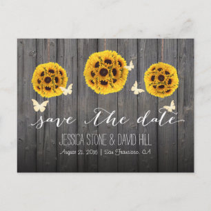 Butterflies & Sunflowers Barn Wood Save the Date Announcement Postcard