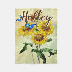 Butterflies Sunflowers Watercolor Personalised Fleece Blanket