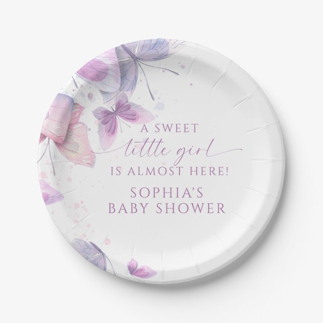 Butterflies Sweet Little Girl Baby Shower Paper Plate (Front)